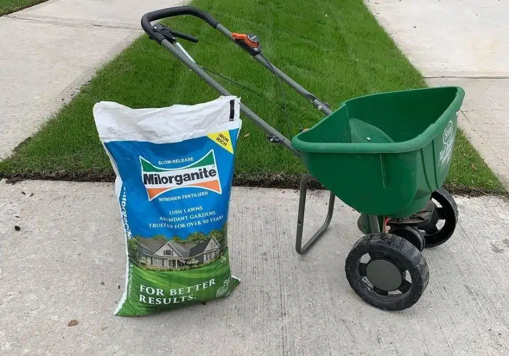 Granular fertilizer bag and broadcast spreader placed on a well-maintained front lawn, ready for application