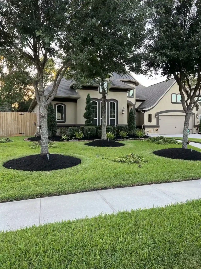 Before-and-after photo of a Houston garden cleanup and enhancement, showing trimmed shrubs, weed removal, fresh mulch, and vibrant new plantings that boost curb appeal and add property value.