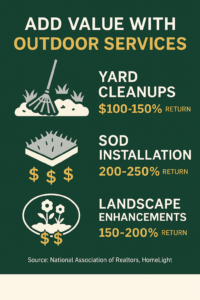 Infographic showing how landscaping adds property value in Houston, featuring three high-ROI services: yard cleanups (100–150% ROI), sod installation (200–250% ROI), and landscape enhancements (150–200% ROI). Designed in Evergreen Outdoor Services brand colors of green, gold, silver, and white with icons and dollar signs representing financial impact.